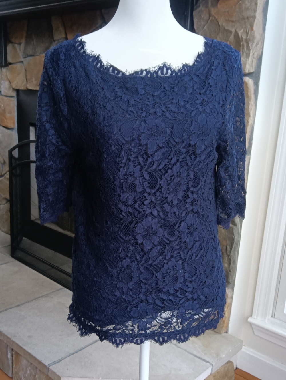 Pim + Larkin Navy Floral Lace Scoop Neck Blouse